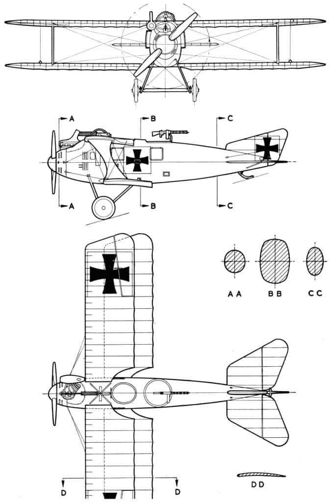 Общий вид, сечения фюзеляжа и крыла двухместного вооруженного разведчика, бомбардировщика и двухместного истребителя LFG Роланд C II (CL II) «Вальфиш». Чертеж соответствует машинам 2-го и 3-го серийных заказов, см. ниже
